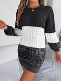 Cable-Knit Round Neck Color Block Sweater Dress - Trendsi
