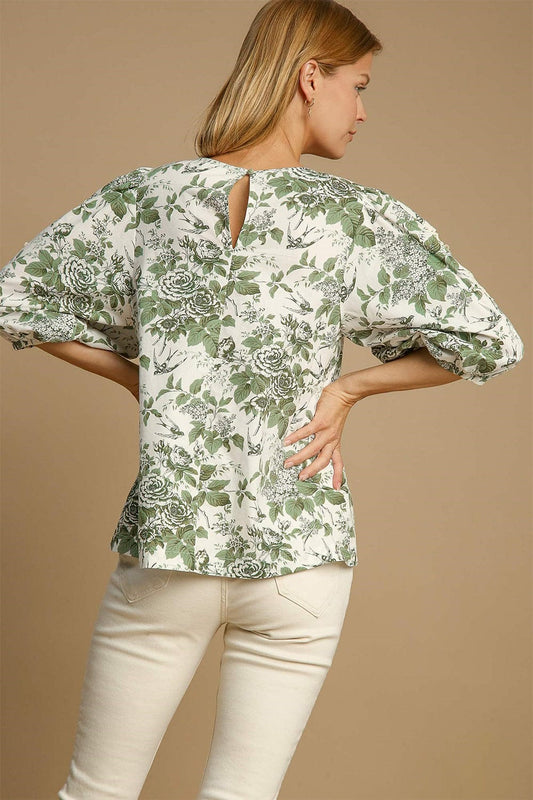Umgee Floral Pleated Detail Lace Trim Sleeve Blouse - Trendsi