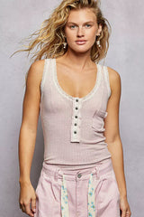 POL Lace Trim Tank with Front Button Closure - Trendsi - Flyclothing LLC