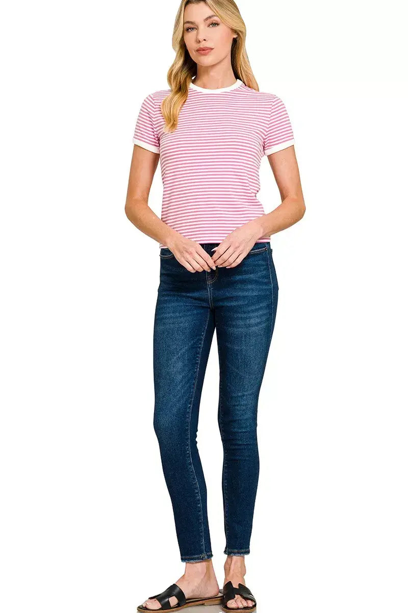 Zenana Striped Contrast Trim Tee - Trendsi - Flyclothing LLC