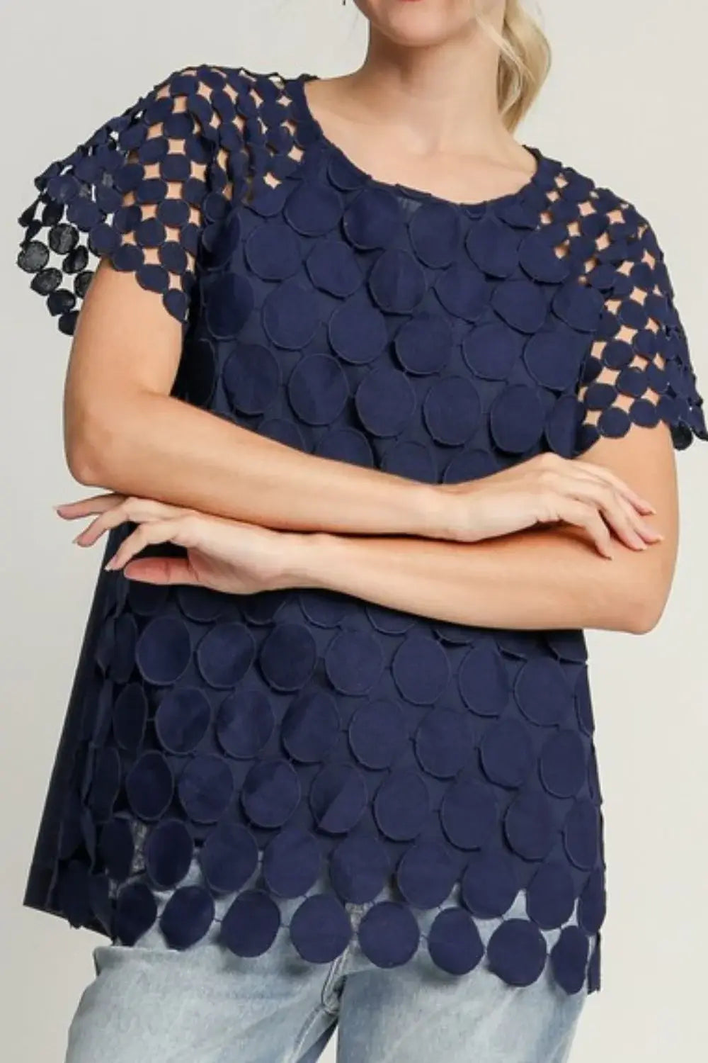 Umgee Full Size Mixed Polka Dot Lace Raglan Sleeve Boxy Cut Top Plus Size - Trendsi - Flyclothing LLC