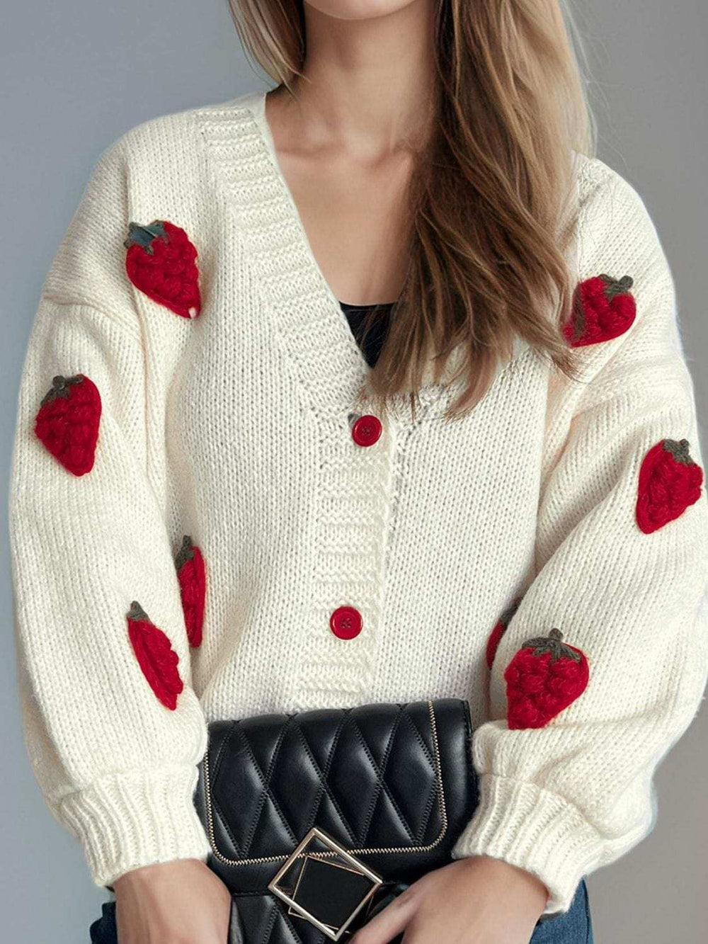 Crochet Strawberry V-Neck Long Sleeve Cardigan - Trendsi - Flyclothing LLC