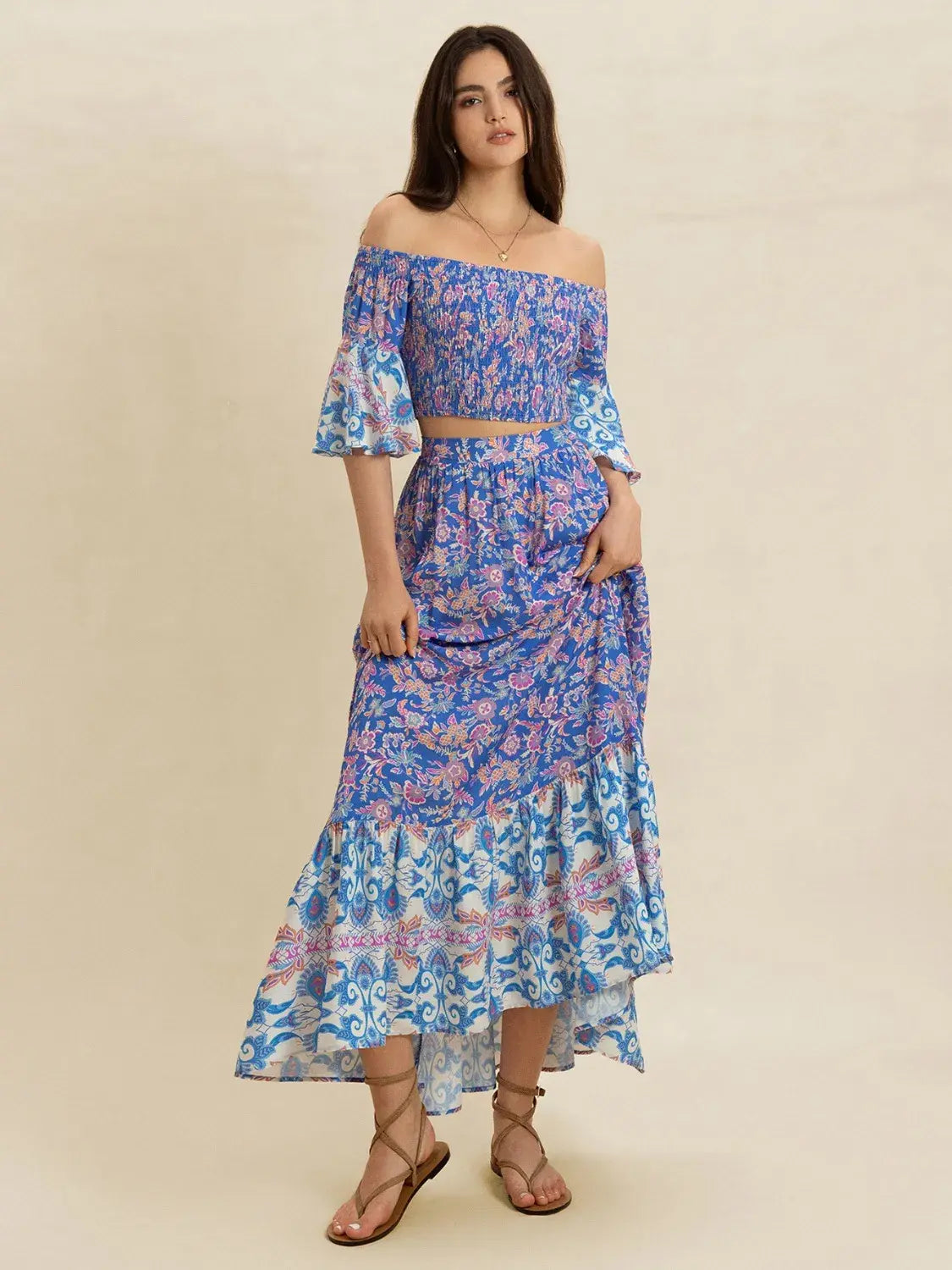 Smocked Off-Shoulder Printed Top and Skirt Set - Trendsi - Flyclothing LLC