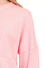 Zenana Ribbed Brushed Melange Hacci Sweater with Chest Pocket - Trendsi - Flyclothing LLC