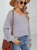 Eyelet V-Neck Long Sleeve Sweater - Trendsi - Flyclothing LLC