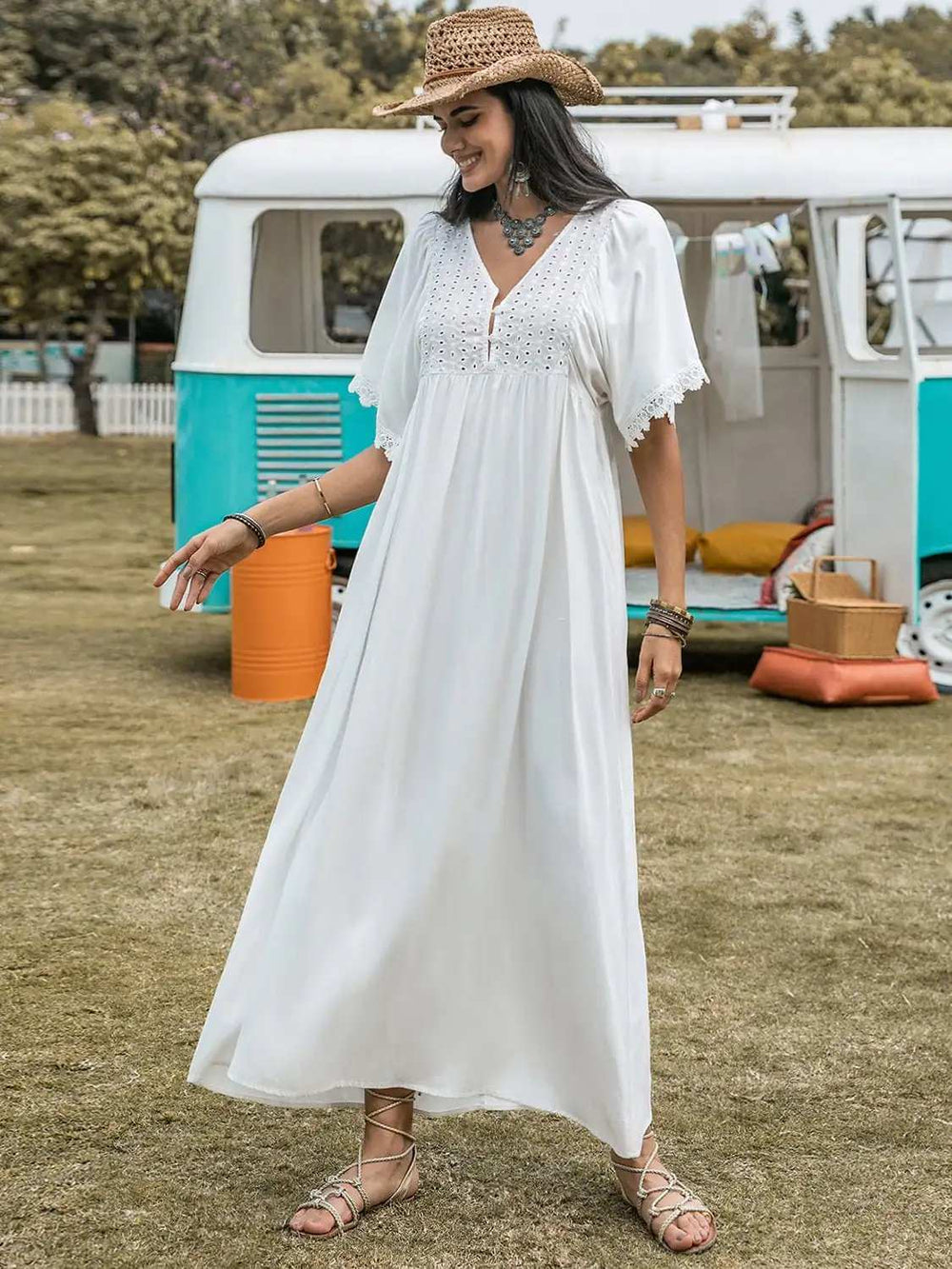 Lace Detail Eyelet V-Neck Half Sleeve Dress - Trendsi - Flyclothing LLC