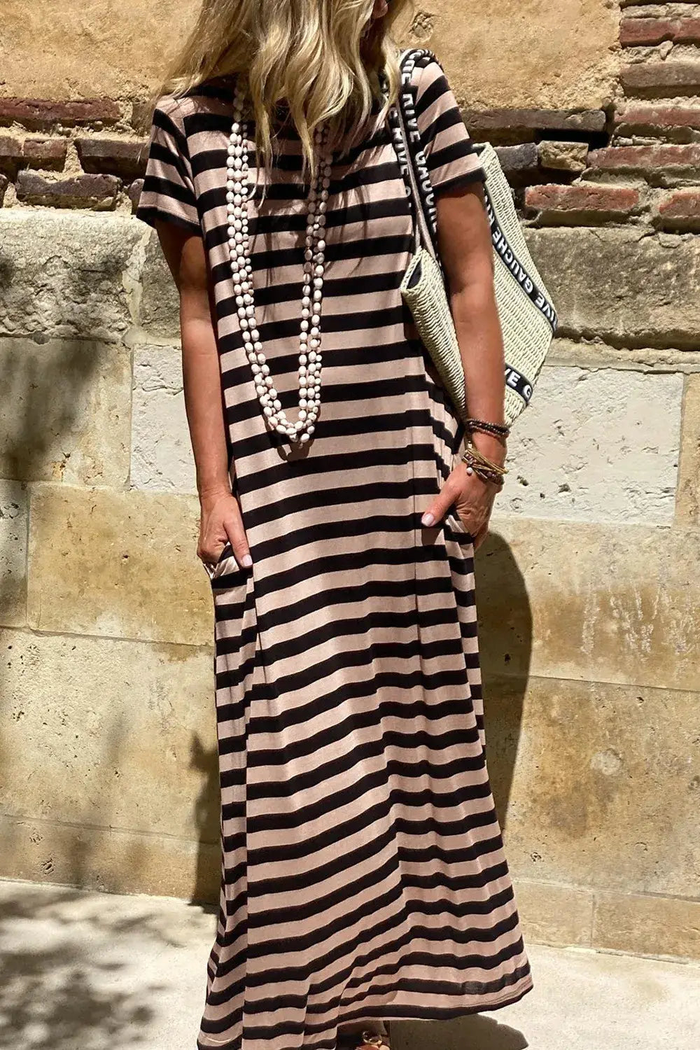 Stripe Casual Round Neck Tee Dress with Pockets - Trendsi - Flyclothing LLC