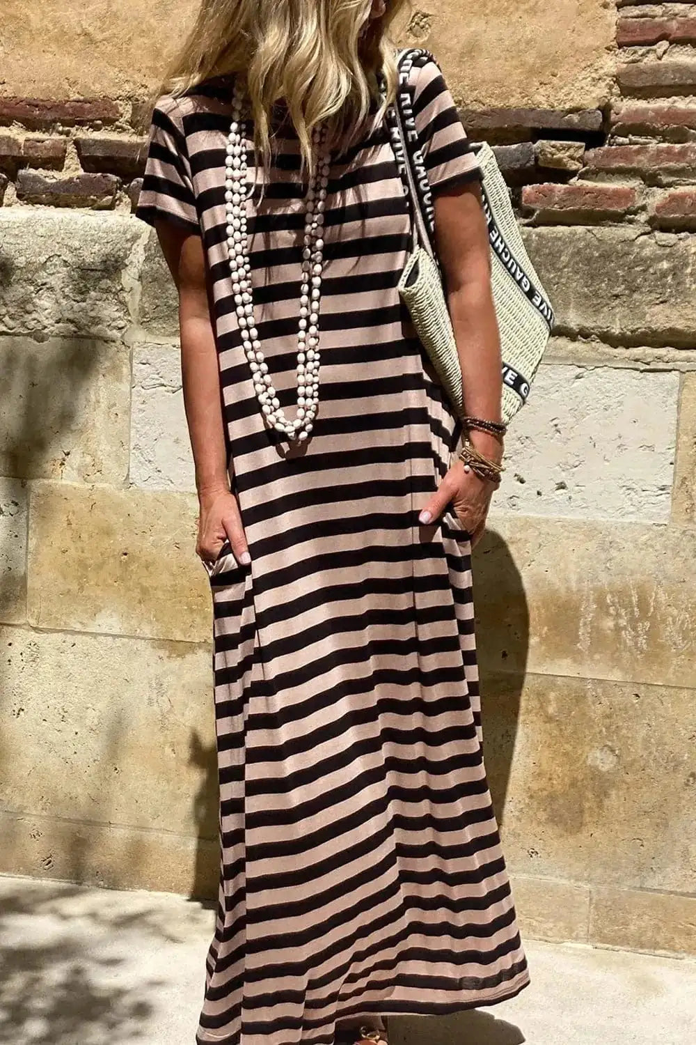 Stripe Casual Round Neck Tee Dress with Pockets - Trendsi