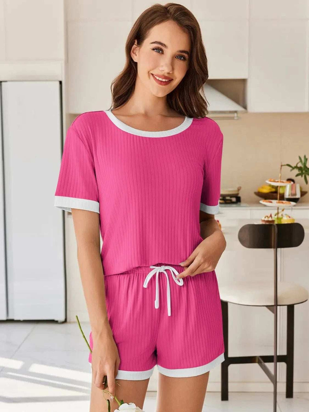 Ribbed Round Neck Top and Shorts Set - Trendsi - Flyclothing LLC