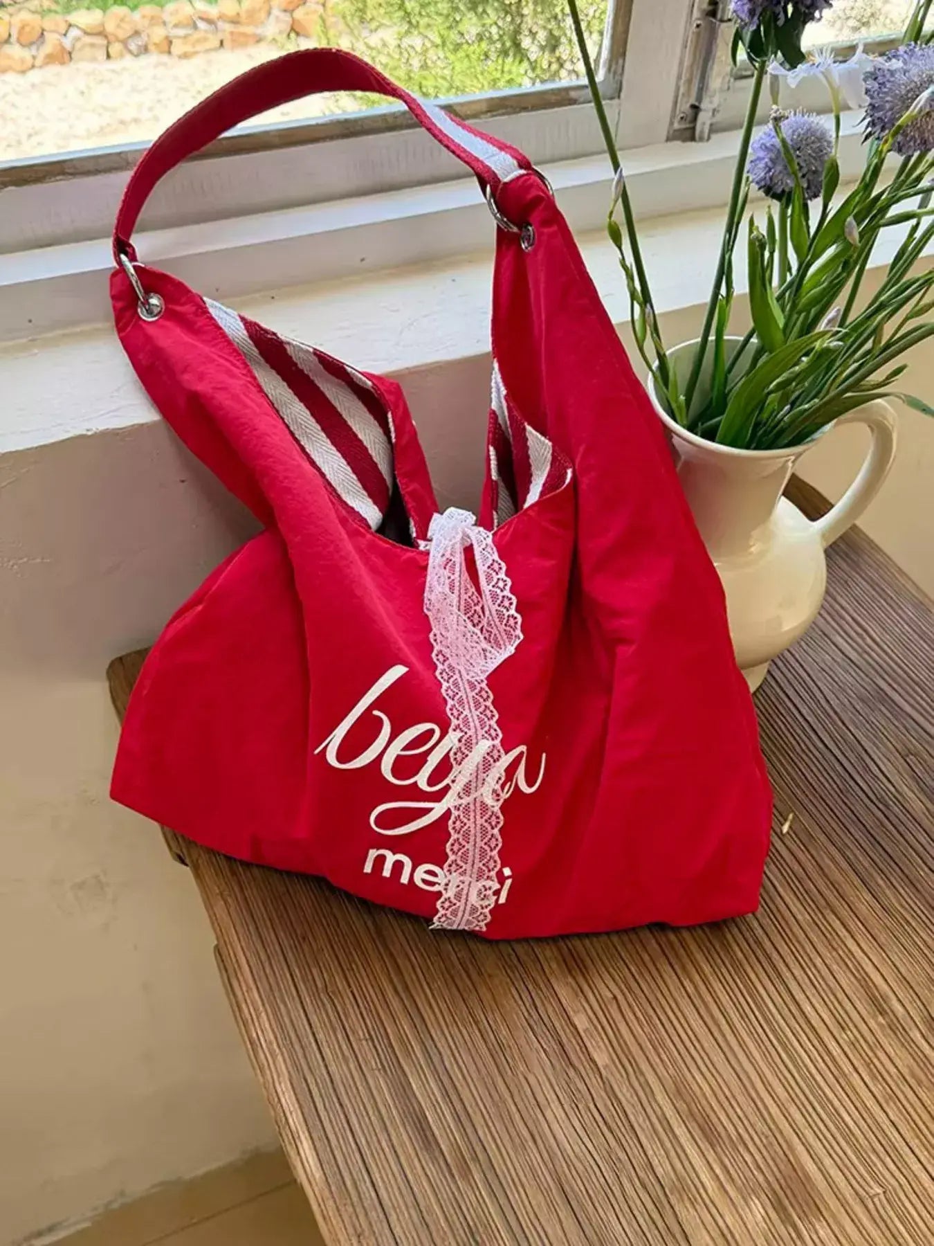 Striped Canvas Tote Bag - Trendsi - Flyclothing LLC