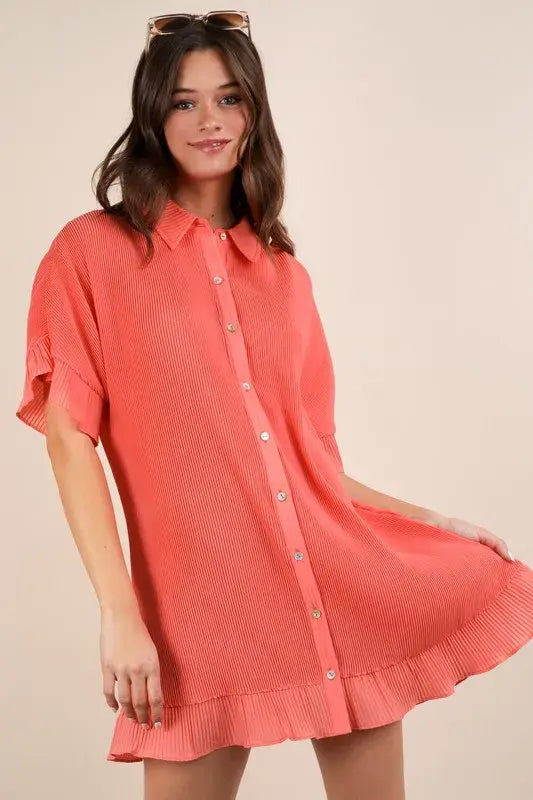 VERY J Pleated Detail Button Down Mini Dress - Trendsi - Flyclothing LLC