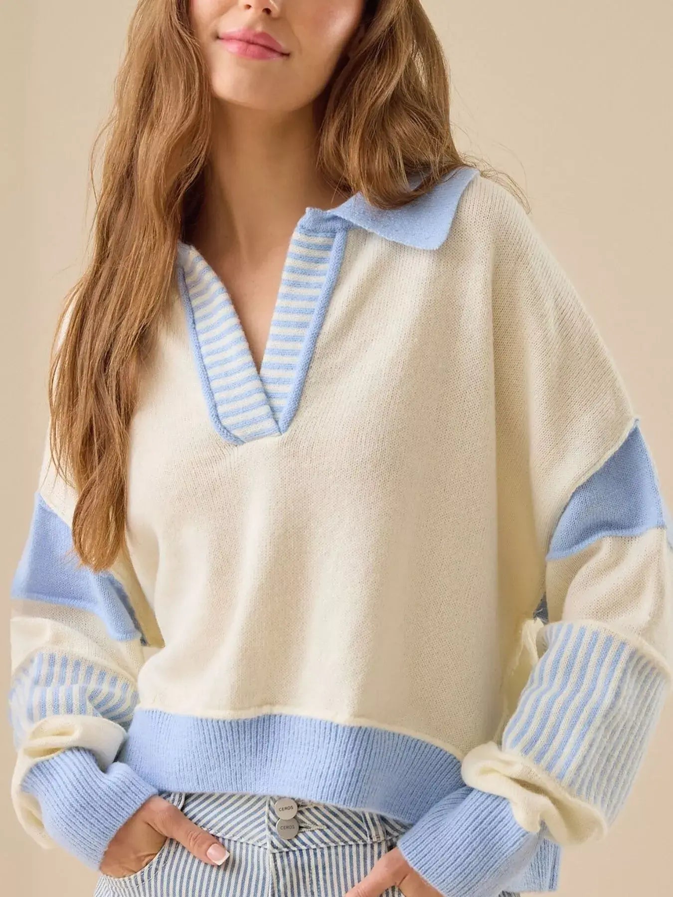 Color Block Dropped Shoulder Sweater - Trendsi - Flyclothing LLC