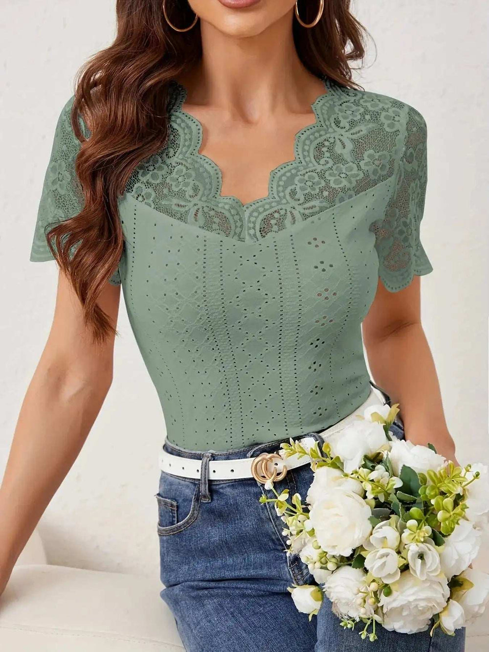 Lace Trim Eyelet Embroidered Summer T-Shirt - Trendsi - Flyclothing LLC