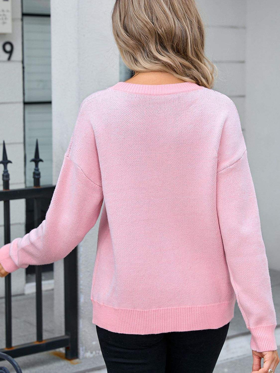 Angel Wings Bow Round Neck Dropped Shoulder Sweater - Trendsi - Flyclothing LLC