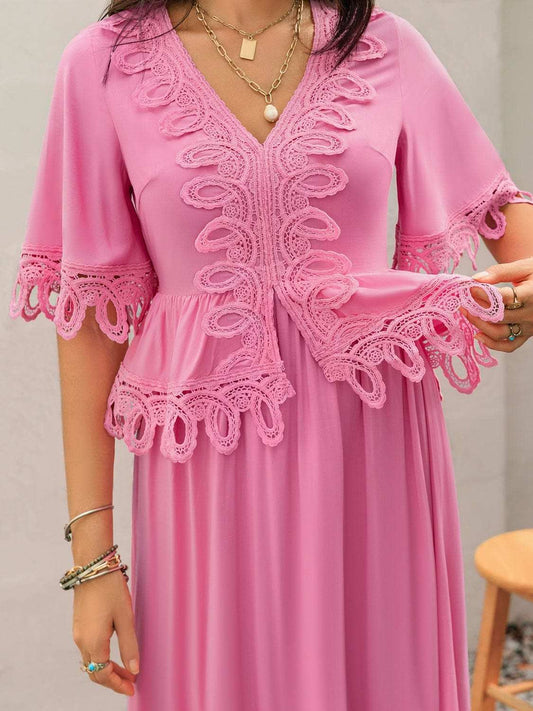 Lace Detail V-Neck Half Sleeve Midi Dress - Trendsi - Flyclothing LLC