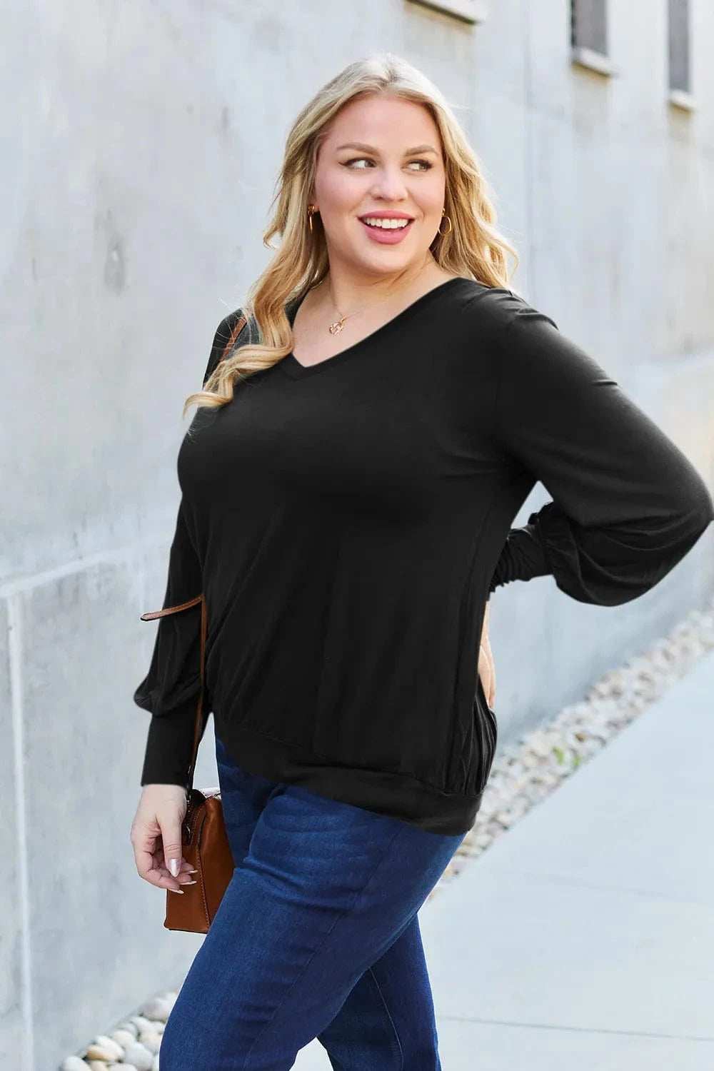 Basic Bae Full Size V-Neck Lantern Sleeve Top - Trendsi - Flyclothing LLC
