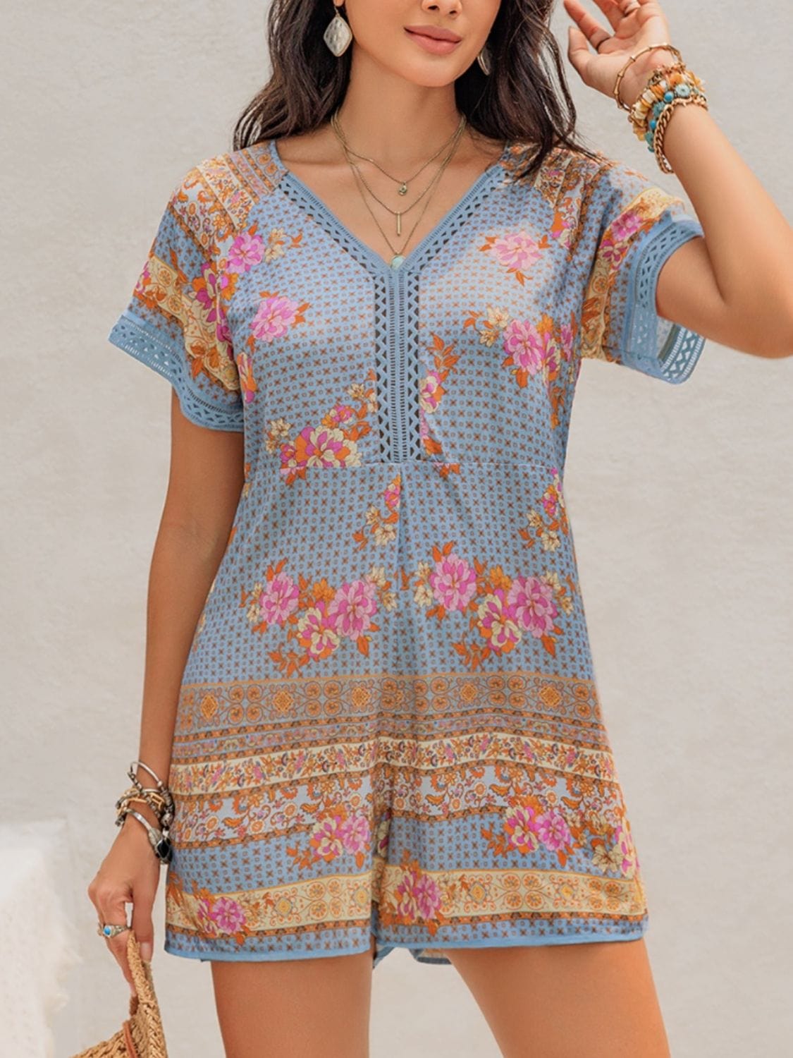 Printed V-Neck Short Sleeve Romper - Trendsi