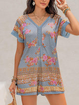 Printed V-Neck Short Sleeve Romper - Trendsi - Flyclothing LLC