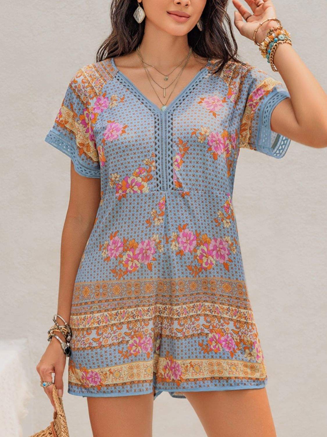 Printed V-Neck Short Sleeve Romper - Trendsi - Flyclothing LLC