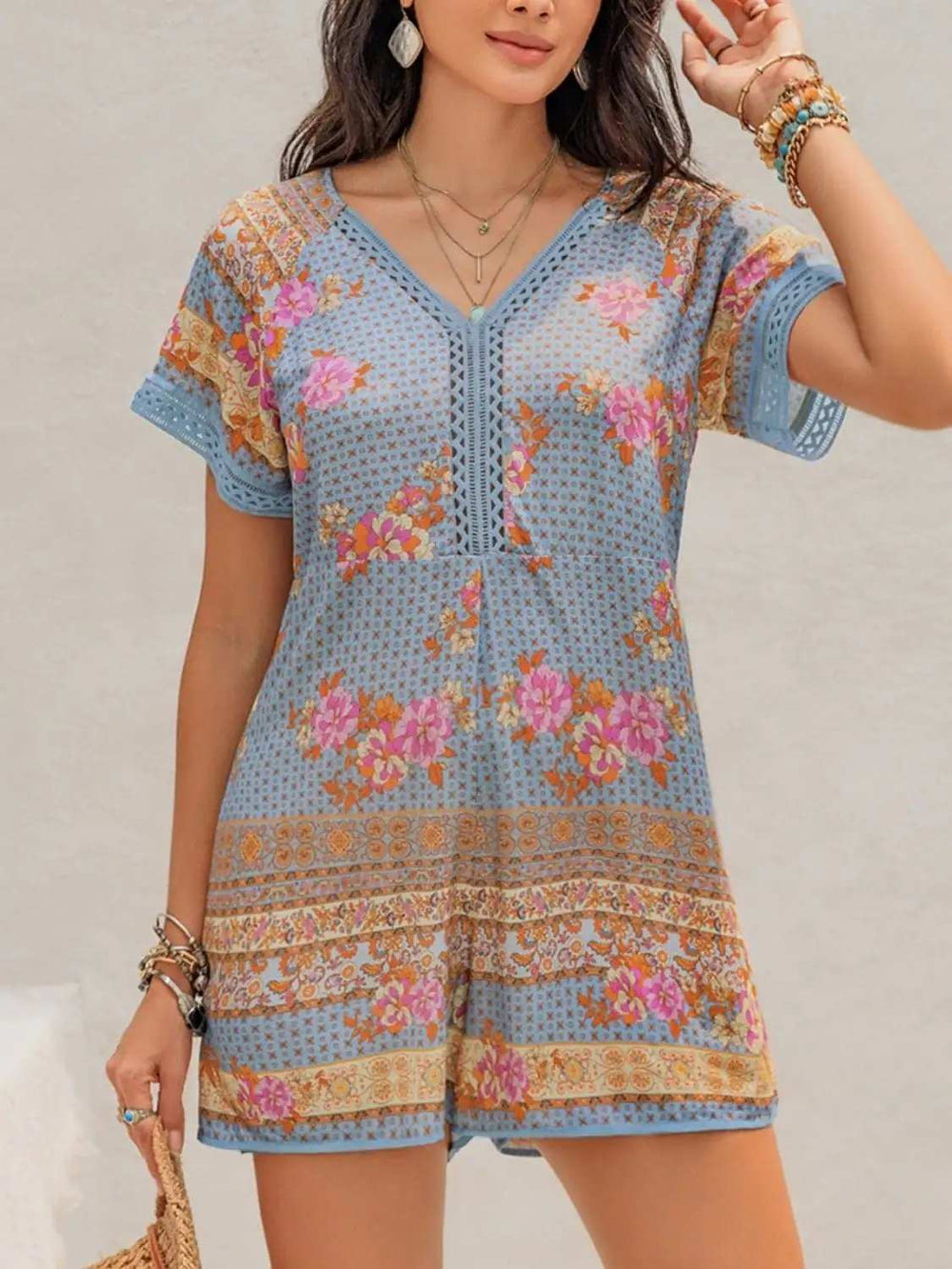 Printed V-Neck Short Sleeve Romper - Trendsi - Flyclothing LLC