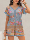 Printed V-Neck Short Sleeve Romper - Trendsi - Flyclothing LLC