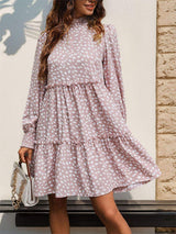 Frill Printed Mock Neck Long Sleeve Mini Dress - Trendsi - Flyclothing LLC