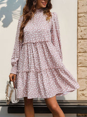 Frill Printed Mock Neck Long Sleeve Mini Dress - Trendsi