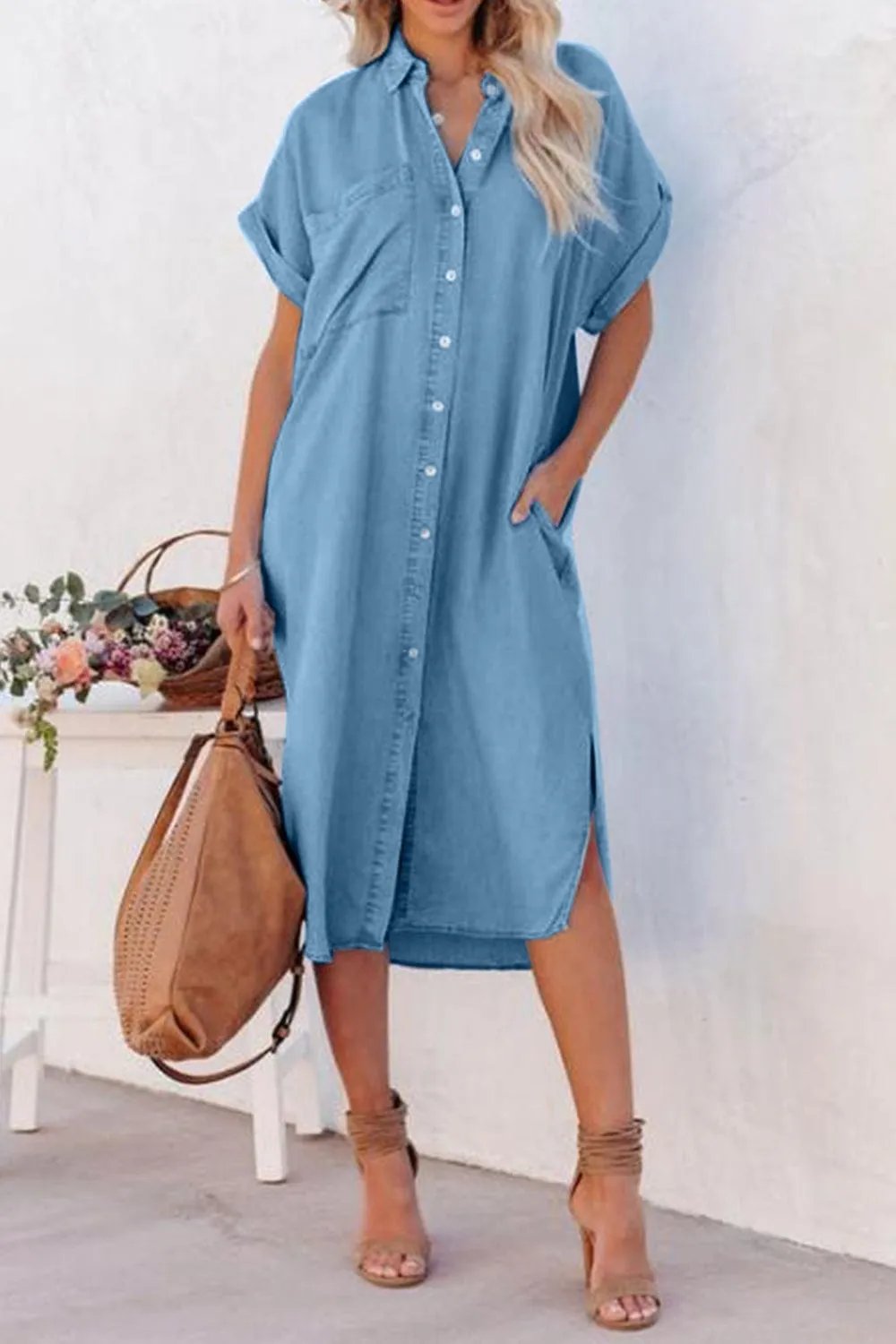 Slit Button Up Short Sleeve Imitation Denim Dress - Trendsi