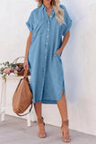 Slit Button Up Short Sleeve Imitation Denim Dress - Trendsi