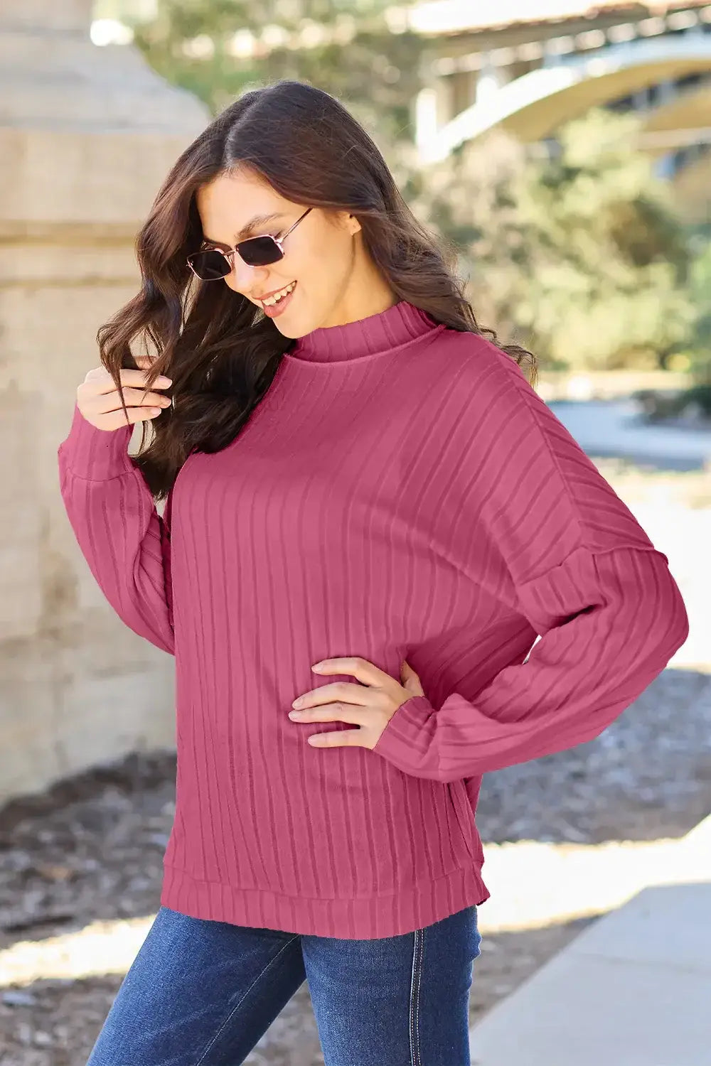 Basic Bae Full Size Ribbed Exposed Seam Mock Neck Knit Top - ShopBasicbae - Flyclothing LLC