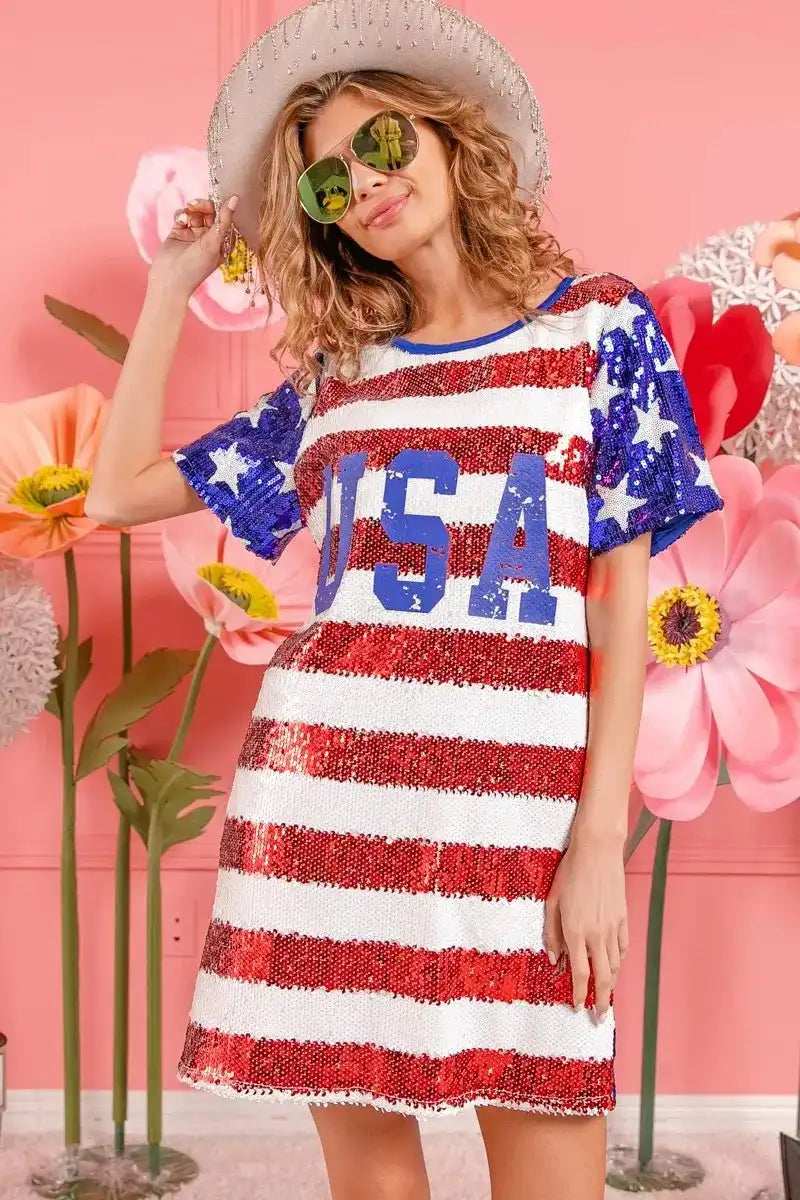 BiBi American Flag Theme Usa Print Sequin Dress - Trendsi - Flyclothing LLC