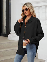 Collared Neck Long Sleeve Dropped Shoulder Shirt - Trendsi - Flyclothing LLC