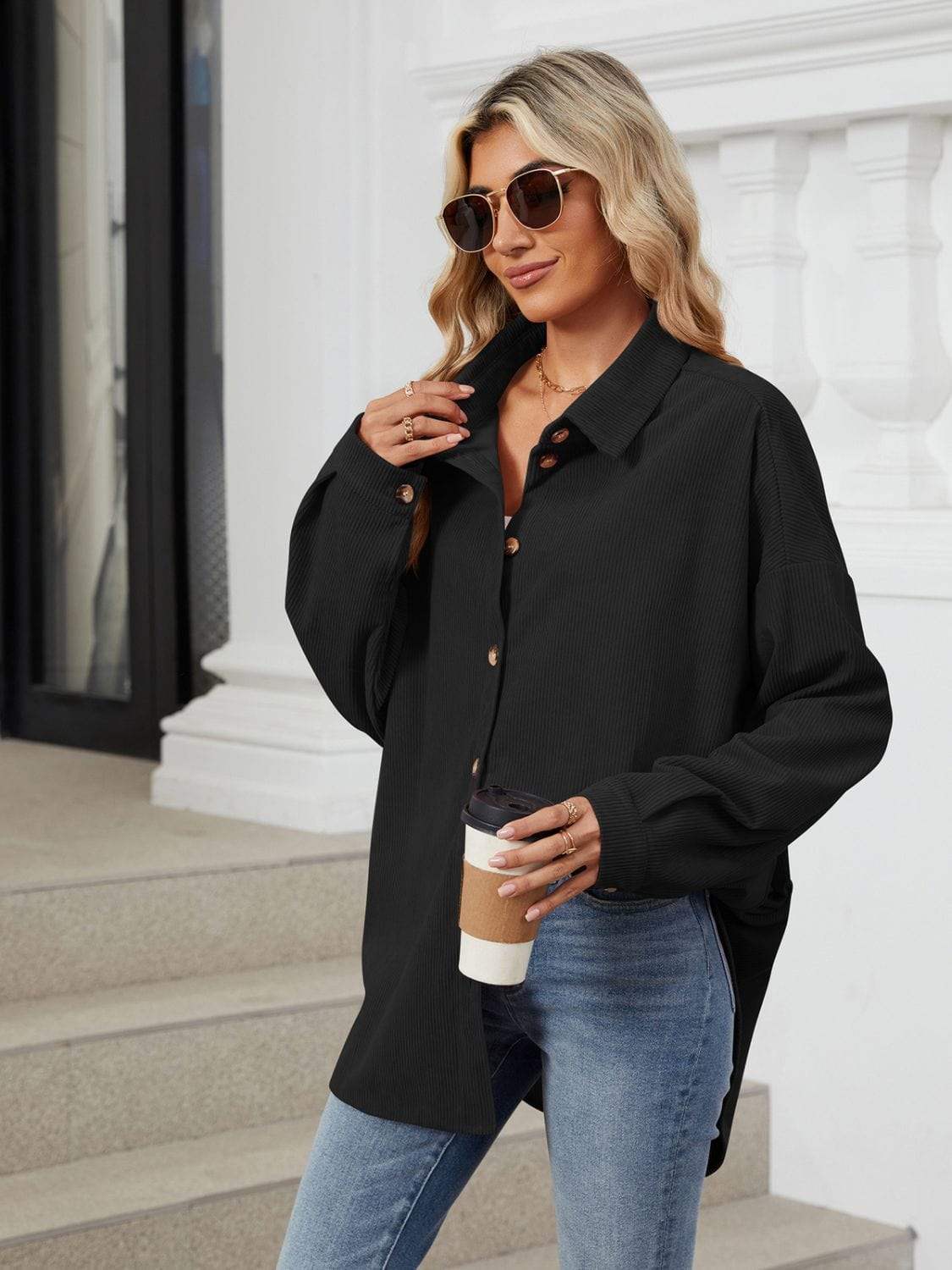 Collared Neck Long Sleeve Dropped Shoulder Shirt - Trendsi - Flyclothing LLC