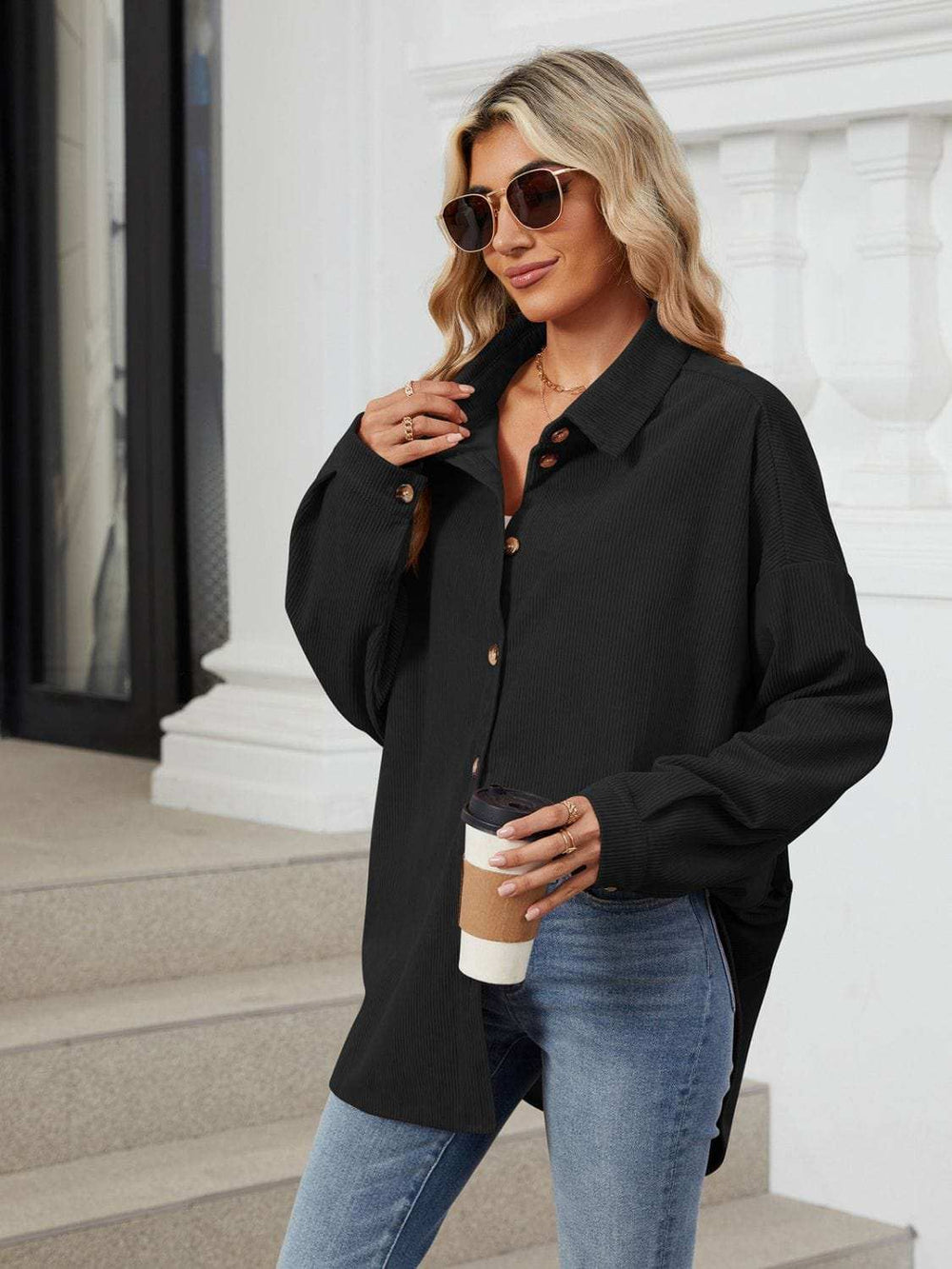 Collared Neck Long Sleeve Dropped Shoulder Shirt - Trendsi - Flyclothing LLC