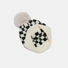 Checkered Knit Hat with Pompom - Trendsi