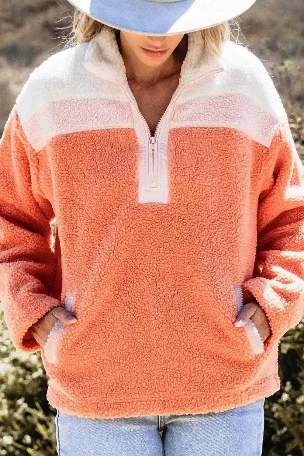 Contrast Half Zip Long Sleeve Sweatshirt - Trendsi - Flyclothing LLC