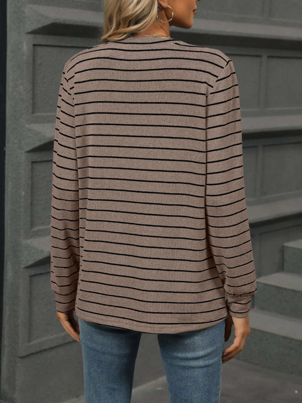 Striped Henley T-Shirt with Button Detail - Trendsi - Flyclothing LLC