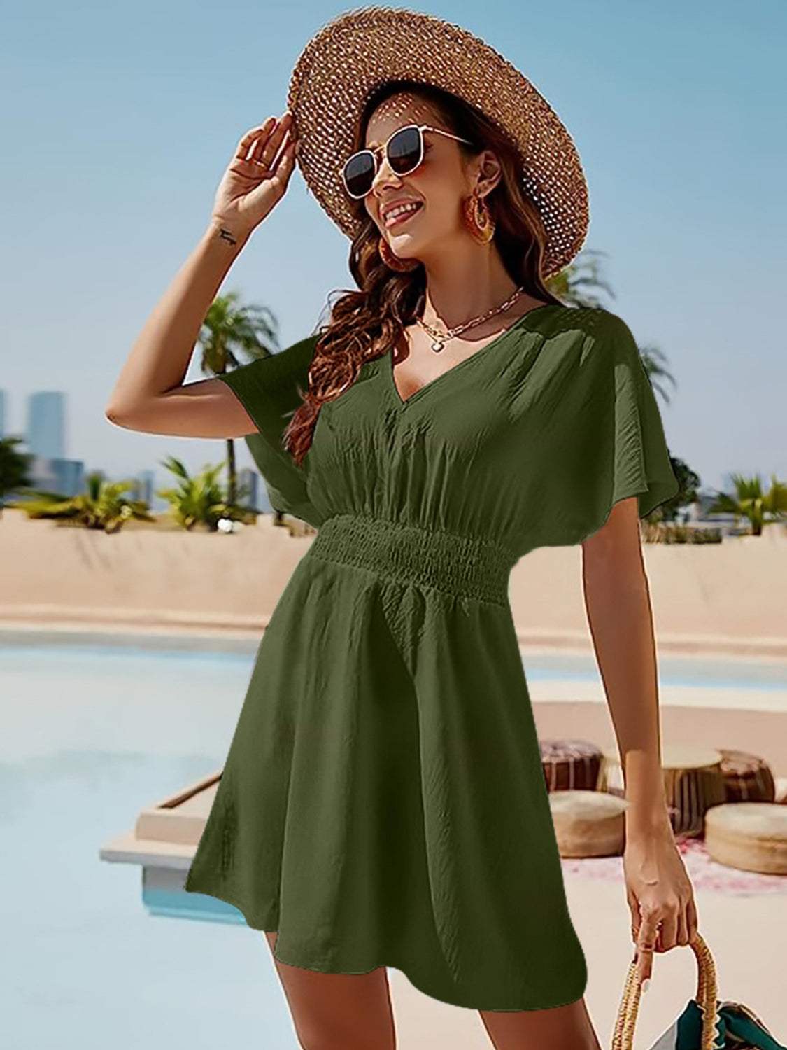 Smocked V-Neck Short Sleeve Dress - Trendsi - Flyclothing LLC
