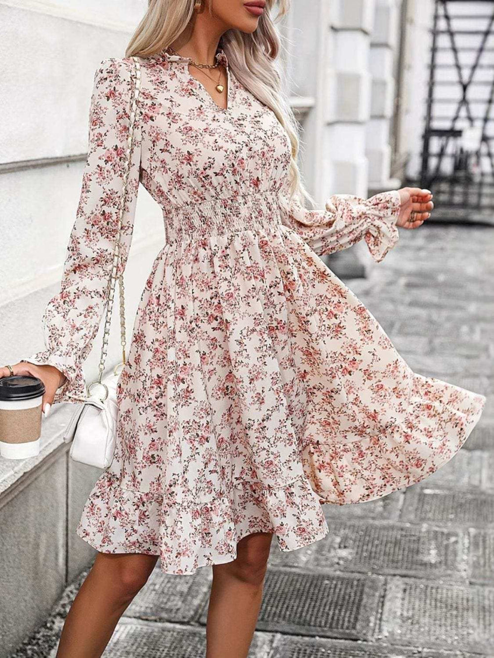 Ruffle Hem Floral Surplice Long Sleeve Dress - Trendsi - Flyclothing LLC