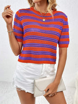 Openwork Striped Round Neck Short Sleeve Knit Top - Trendsi - Flyclothing LLC