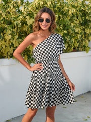 Checkered Single Shoulder Mini Dress - Trendsi