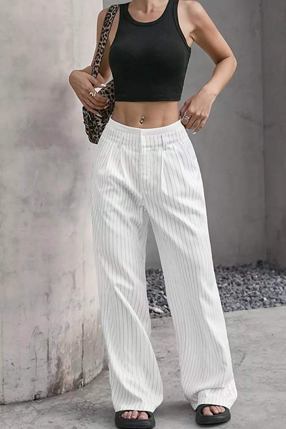 High-Waisted Pinstripe Wide-Leg Pants - Trendsi - Flyclothing LLC