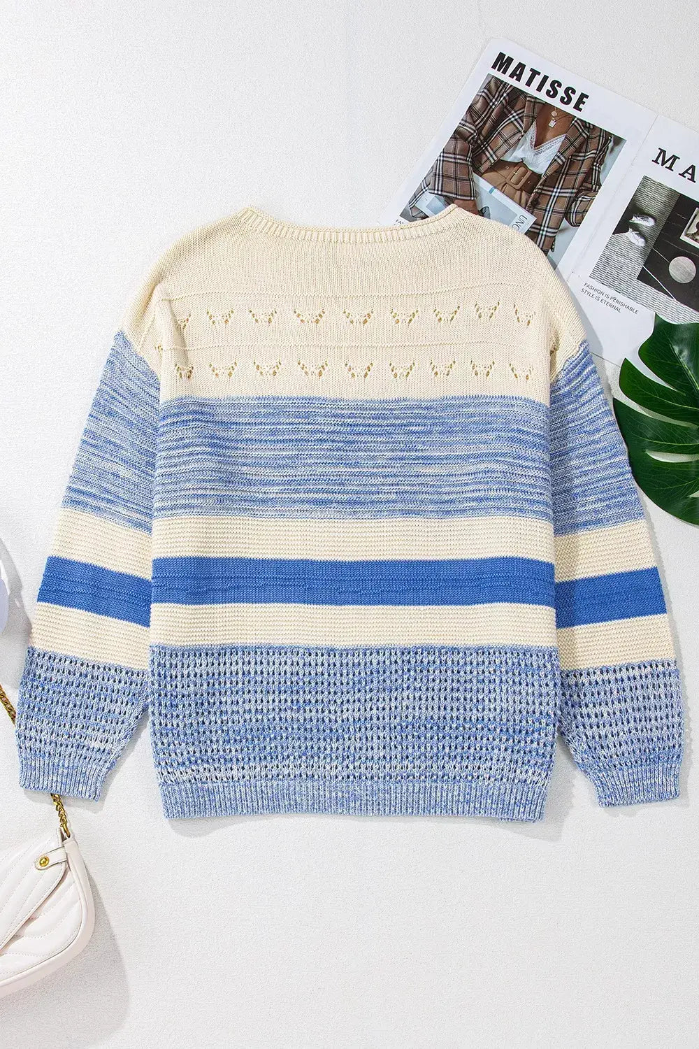Openwork Striped Knit Long Sleeve Sweater - Trendsi - Flyclothing LLC