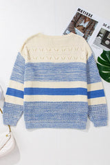 Openwork Striped Knit Long Sleeve Sweater - Trendsi - Flyclothing LLC