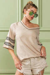 BiBi Triblend Knit Top with Leopard Band Detail - Trendsi - Flyclothing LLC
