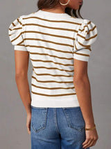 Striped Round Neck Puff Sleeve Knit Top - Trendsi - Flyclothing LLC