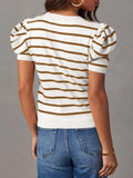 Striped Round Neck Puff Sleeve Knit Top - Trendsi - Flyclothing LLC