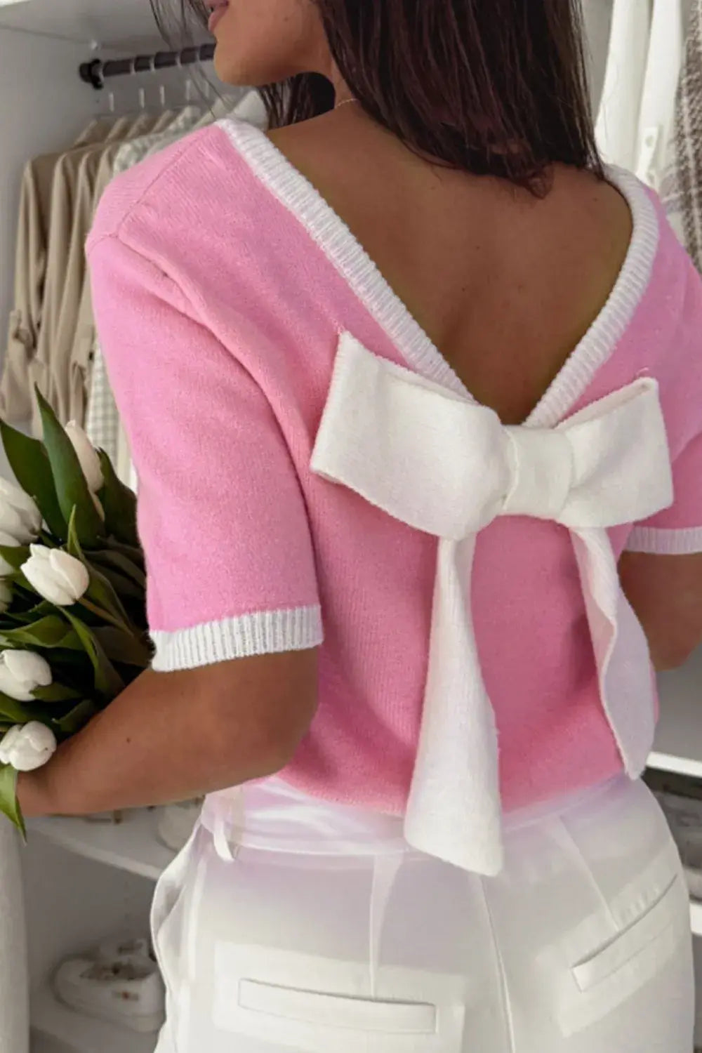 Bow Back Round Neck Short Sleeve Knit Top - Trendsi - Flyclothing LLC