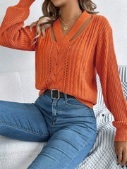 Cutout V-Neck Long Sleeve Sweater - Trendsi