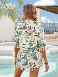 Tassel Printed Open Front Half Sleeve Cover-Up - Trendsi - Flyclothing LLC